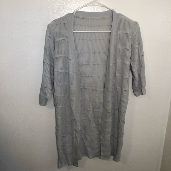 Open Cardigan Sweater 3/4 Sleeve Loose Open Knit Blue Gray - Picture 2 of 9